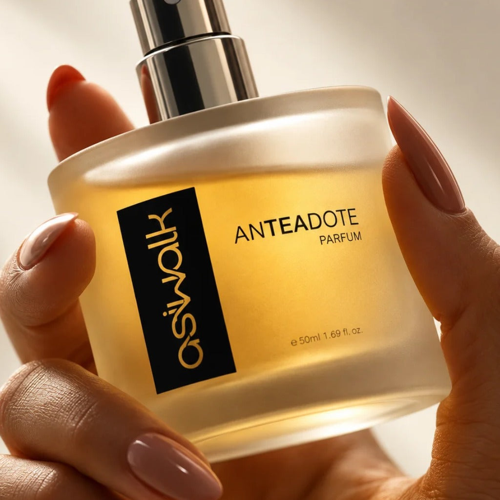 Anteadote 50ml parfum bottle held in hand