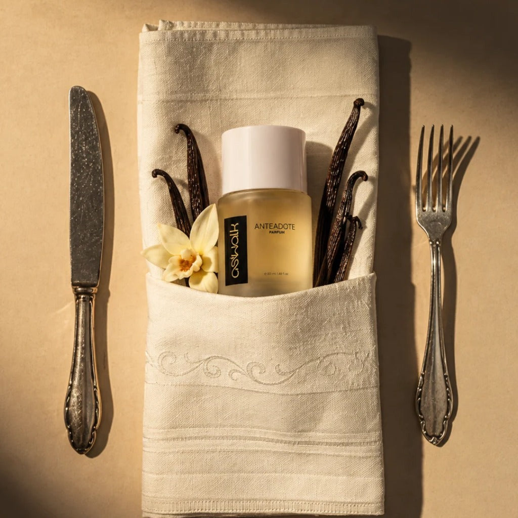Anteadote parfum bottle in a folded linen napkin