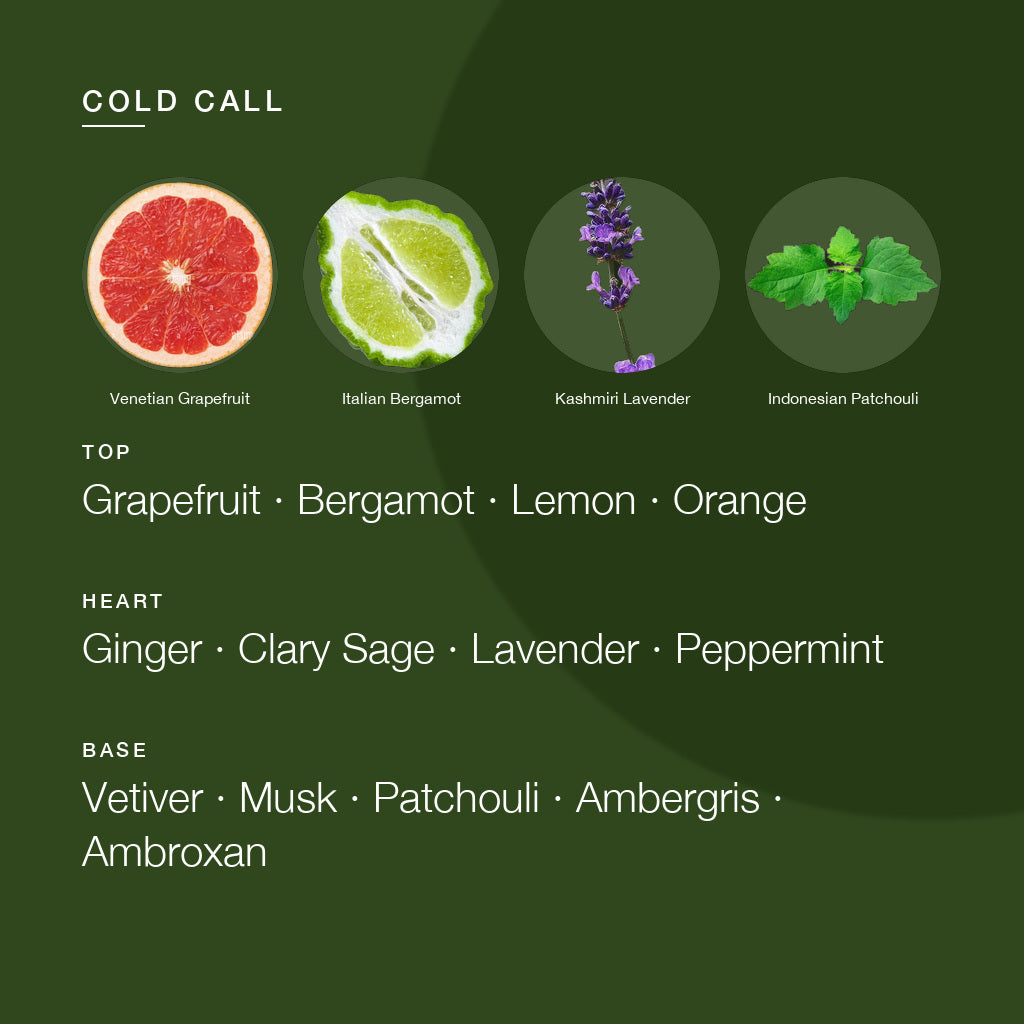 Cold Call fragrance notes: top grapefruit, bergamot, lemon and orange; heart ginger, clary sage, lavender and peppermint; base vetiver, musk, patchouli, ambergris and ambroxan
