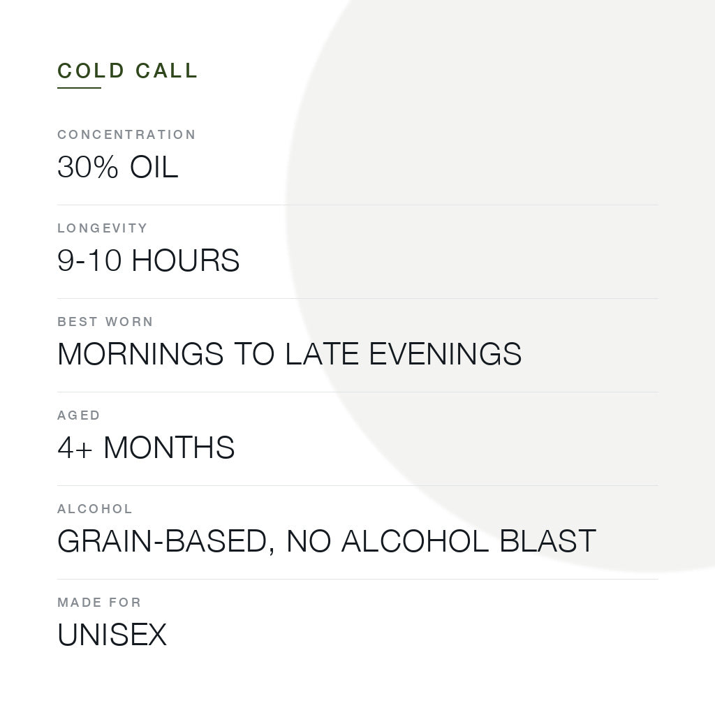 Cold Call performance: 30% oil parfum strength, 9 to 10 hours longevity, best worn mornings to late evenings, aged 4+ months, grain-based alcohol with no alcohol blast, unisex